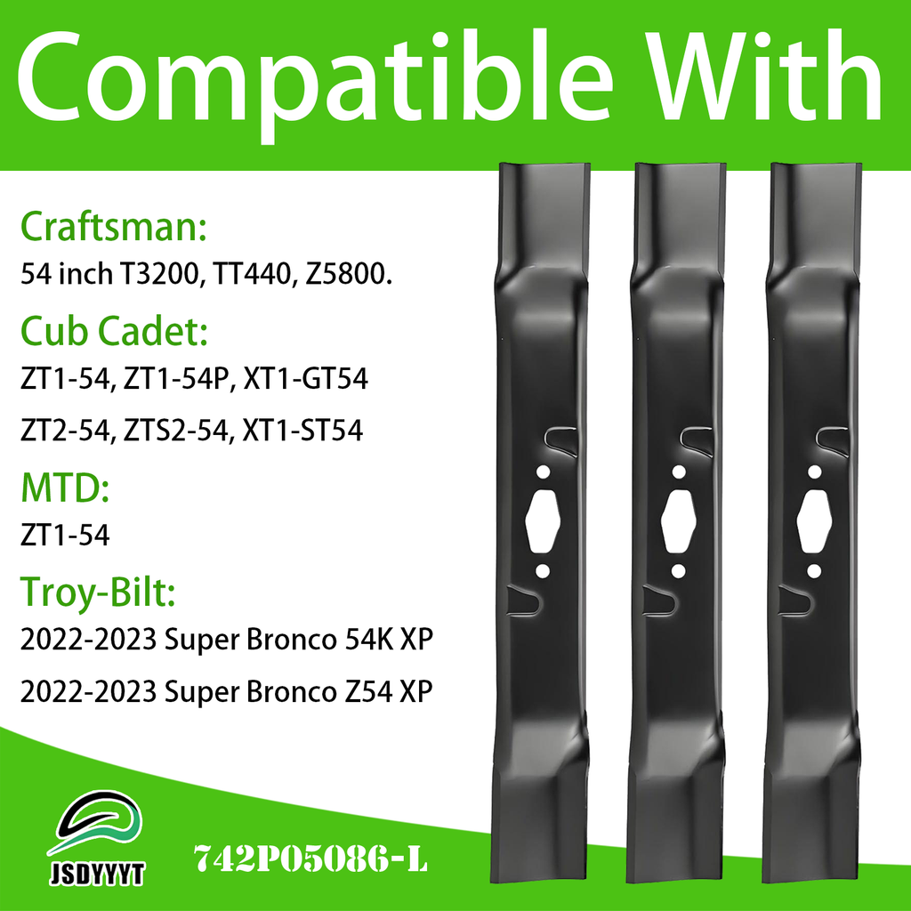 742P05086-L 3 PCS Lawn Mower Blade Compatible with 54" Craftsman T3200 TT440 Z5800, Cub Cadet XT1-GT54 XT1-ST54 ZT1-54 ZT1-54P ZT2-54 ZTS2-54, MTD ZT1-54, Troy-Bilt Super Bronco 54K XP, Z54 XP