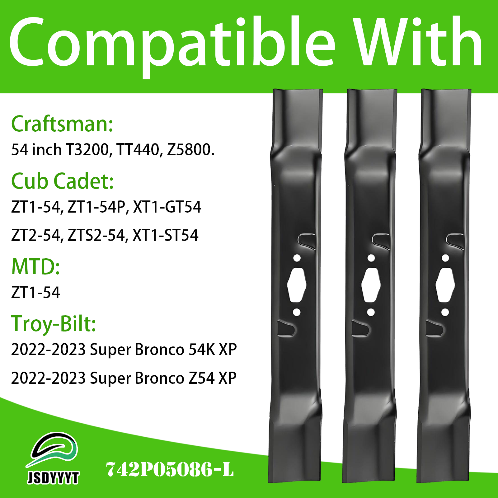 742P05086-L 3 PCS Lawn Mower Blade Compatible with 54" Craftsman T3200 TT440 Z5800, Cub Cadet XT1-GT54 XT1-ST54 ZT1-54 ZT1-54P ZT2-54 ZTS2-54, MTD ZT1-54, Troy-Bilt Super Bronco 54K XP, Z54 XP
