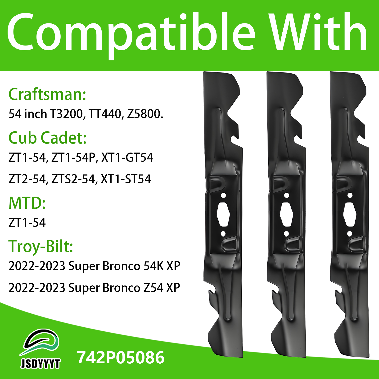 742P05086-X 3 PCS Lawn Mower Blade Compatible with 54" Craftsman T3200 TT440 Z5800, Cub Cadet XT1-GT54 XT1-ST54 ZT1-54 ZT1-54P ZT2-54 ZTS2-54, MTD ZT1-54, Troy-Bilt Super Bronco 54K XP, Z54 XP