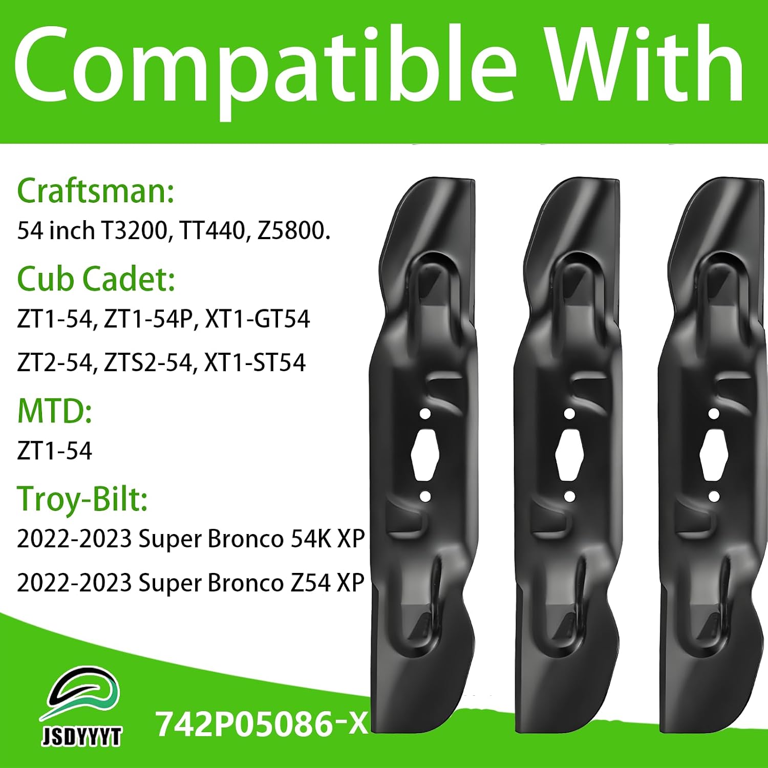 742P05086 3 PCS Lawn Mower Blade Compatible with 54" Craftsman T3200 TT440 Z5800, Cub Cadet XT1-GT54 XT1-ST54 ZT1-54 ZT1-54P ZT2-54 ZTS2-54, MTD ZT1-54, Troy-Bilt Super Bronco 54K XP, Z54 XP